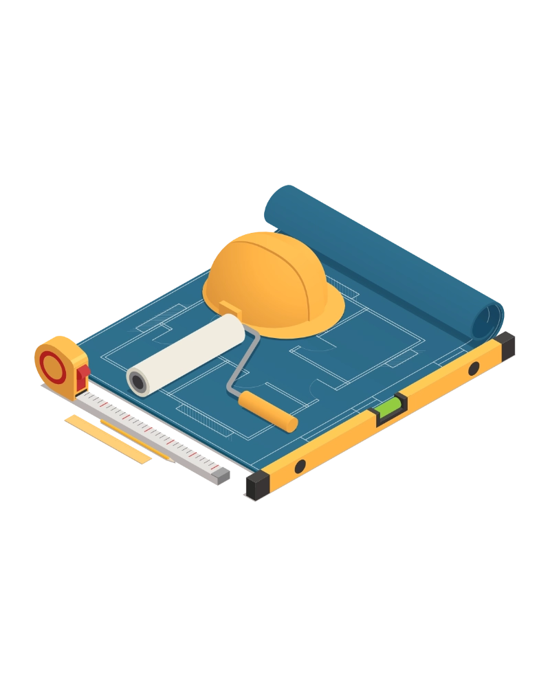 Illustration a construction helmet and paint roller on top of blueprints